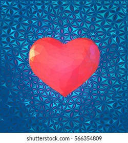 Low polygonal red pink heart symbol on blue decoration background