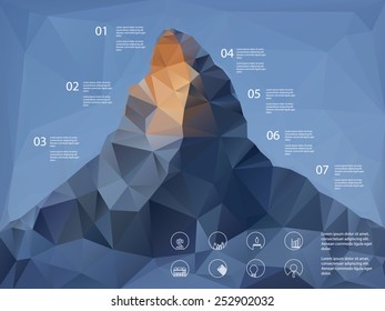 Low polygonal shape mountain background. Line icons for business presentation or report analysis. Eps10 vector illustration.