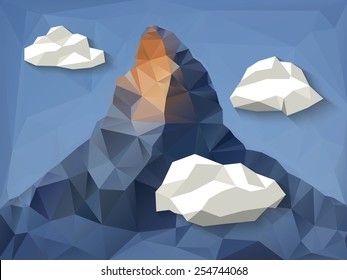 Low polygonal shape mountain background with clouds. Eps10 vector illustration.