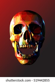 Low polygonal skull open jaw with colorful color on dark red background