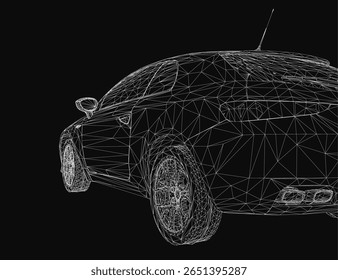 Carro com arames poligonais baixos com formas geométricas e linhas limpas cria um efeito 3D elegante em um fundo escuro. O design abstrato destaca a estética automotiva moderna com um estilo de arte digital.
