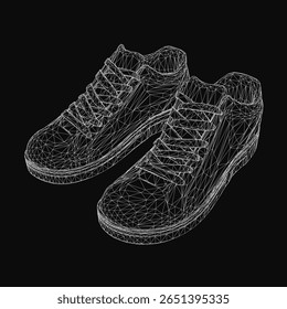 Tênis wireframe de baixo polígono renderizado em 3D com detalhes realistas em um plano de fundo preto elegante. O design geométrico destaca a estrutura do sapato com bordas limpas e estética moderna.