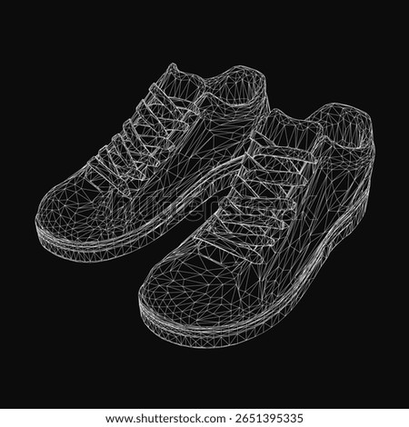 Low polygonal wireframe sneakers rendered in 3D with realistic details on a sleek black background. The geometric design highlights the shoe structure with clean edges and modern aesthetic.