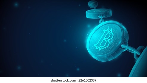 Low polygonal wireframe style Bitcoin and blockchain. Cryptocurrency and technology