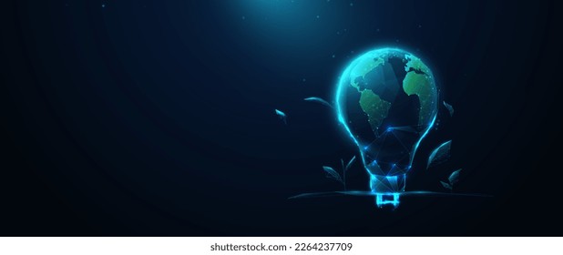 Low polygonal wireframe style light bulb with globe and eco-friendly environment. Green energy. Illustration vector