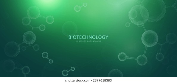 Low polygonal wireframe with white molecule or atom on a green background. Abstract molecule structure banner. Vector illustration