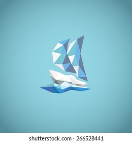 Low polygonal yacht symbol on blue background with waves. Modern abstract concept for holiday. Eps10 vector illustration.