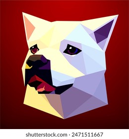 Cabeza de perro blanca baja poligónica sobre fondo rojo. Arte vectorial, sots art, bajo poli, cubo-futurismo, pegatina, avatar de dibujos animados, logotipo animal, diseño surrealista