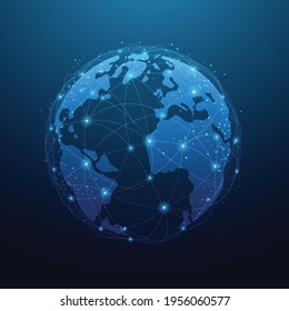 Low polyline earth network technology on blue  background.  Global business connection points and lines. vector illustration in flat style modern design. 