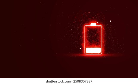 Low power battery illustration in the red neon light style. Futuristic glowing battery symbol with plexus lines and glitter particles. 3D abstract low poly copy space in the dark background