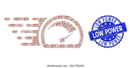 Low Power rubber round stamp and vector recursive collage speed gauge. Blue stamp includes Low Power tag inside round shape. Vector collage is organized from scattered speed gauge icons.
