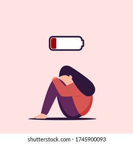 Low power young woman. Battery off, fatigue female. Sadness,crying lady. vector illustration.