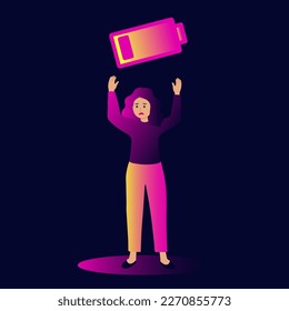 Low power young woman. Battery off, fatigue female. Sadness,crying lady. vector illustration.