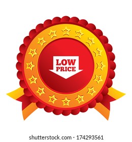 Low price arrow sign icon. Special offer symbol. Red award label with stars and ribbons. Vector