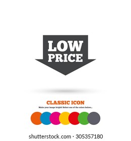 Low price arrow sign icon. Special offer symbol. Classic flat icon. Colored circles. Vector