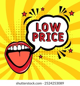Low price. Comic book explosion with text - Low price. Vector bright cartoon illustration in retro pop art style. Can be used for business, marketing and advertising. Banner flyer pop art