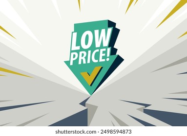 Cartel de concepto de bajo Precio, flecha hacia abajo con la ilustración de estilo de icono de Vector de pila de monedas, venta de comercio electrónico, compras de Precios baratos, comprar con descuento.