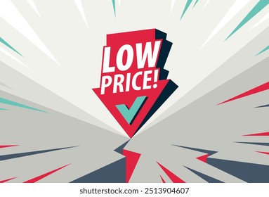 Low price concept poster, arrow down with coin stack vector icon style illustration, e-commerce sale, cheap prices shopping, buy by discount.