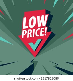 Low price concept poster, arrow down with coin stack vector icon style illustration, e-commerce sale, cheap prices shopping, buy by discount.