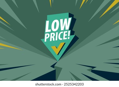 Low-Preis-Konzept-Poster, Pfeil nach unten mit Münzstapel, Vektorsymbol-Stil-Illustration, E-Commerce-Verkauf, günstige Preise einkaufen, mit Rabatt kaufen.