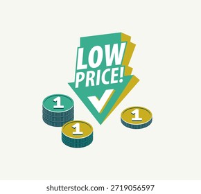 Cartel de concepto de bajo Precio, flecha hacia abajo con la ilustración de estilo de icono de Vector de pila de monedas, venta de comercio electrónico, compras de Precios baratos, comprar con descuento.