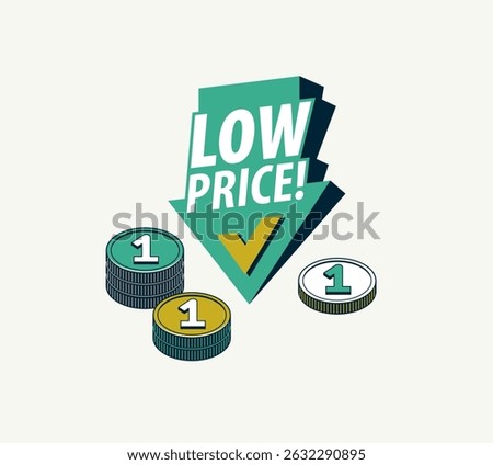 Low price concept poster, arrow down with coin stack vector icon style illustration, e-commerce sale, cheap prices shopping, buy by discount.