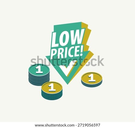 Low price concept poster, arrow down with coin stack vector icon style illustration, e-commerce sale, cheap prices shopping, buy by discount.