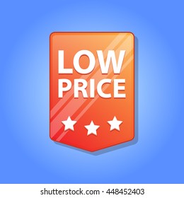 Low price Label. Vector illustration. Red color. Blue background.