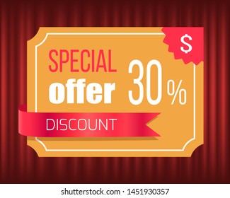 Low price on goods vector, coupon on 30 percent lowering reduction of cost. Offer from shop, proposal sale. Saving money economy, best deal bargain