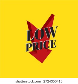 Bajo Precio Flecha roja abajo etiqueta de descuento, Anuncio o icono, oferta de promoción para la venta, etiqueta, reducción de costos, Precio de promoción, etiqueta engomada de descuento o emblema aislado sobre fondo blanco. Ilustración vectorial