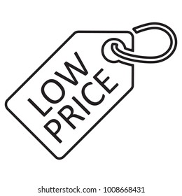 Low price tag. Line icon, black color. Isolated on white. Vector illustration