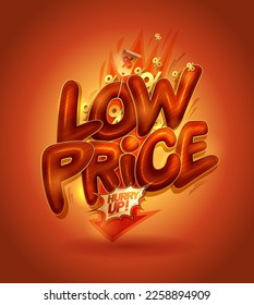 Bajo precio - Banner vectorial web o plantilla de volante con papel rojo brillante y flecha hacia abajo