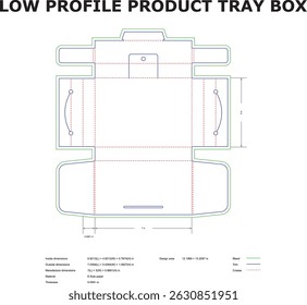 Low profile product tray box packaging die-cut template