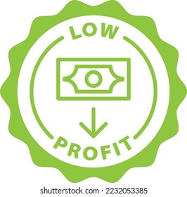 Low profit green stamp. Symbol, outline icon, tag, badge, label, circle, green white vector round isolated on transparent background.