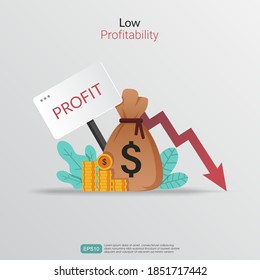 Low profitability concept. Profit losses symbol with decrease arrow vector illustration.