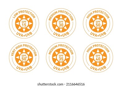 low protection, medium protection, high protection for uva+ uvb spf 15, 30, 35, 50 icon set vector illustration 