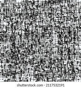 Low quality canvas with uneven seams and lint. Grunge fabric background. Graphics in black and white. Seamless pattern.