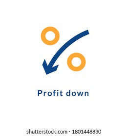 Low rate profit cost icon. Reduction cost decrease percent profit down sign