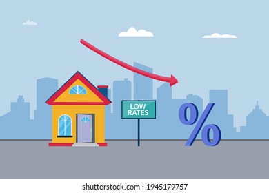 Low rates vector concept: House with falling down arrow concept of low rates 
