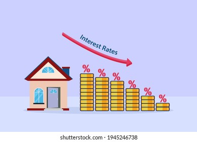 Low rates vector concept: Stck of coins with falling down arrow of interest rates 