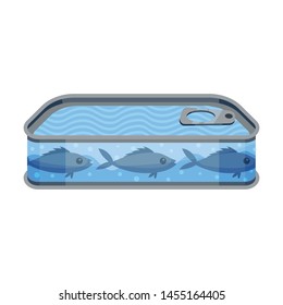 Low rectangular tin can with fish. Vector illustration on white background.