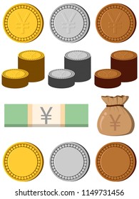 Low relief Golden Silver Bronze Stack of coins bag Banknotes in Yen currency region symbol for any business money exchange marketing stock and etc