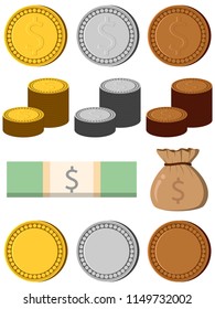 Low relief Golden Silver Bronze Stack of coins bag Banknotes in Dollar currency region symbol for any business money exchange marketing stock and etc