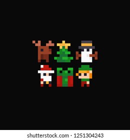 Low res pixel art xmas icons with deer, christmas tree, snowman, Santa, gift and elf