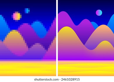 Das pixelige Bild mit niedriger Auflösung konvertiert zu hochauflösendem Bild, dem Konzept zur Verbesserung der Bildqualität durch künstliche Intelligenz und spezielle Software, Digitalkunst und moderne KI-Technologie