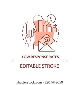 Orange-Konzeptsymbol mit niedrigen Ansprechraten. Direktes Marketing Herausforderung abstrakte Idee dünne Linie Illustration. Einzeln Umrisszeichnung. Bearbeitbarer Strich. Arial, Myriad Pro Fett Schriftarten verwendet