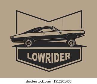 Low rider car vector label. American muscle vintage lowrider. Logo template for vehicle club or retro garage.