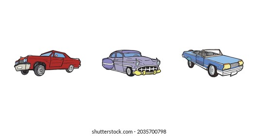 Low rider set of three vehicles arranged in a line, hand drawn outline and colored illustration. Attractive cars original pen drawn graphic symbols. Simple limousine and vintage transportation image.