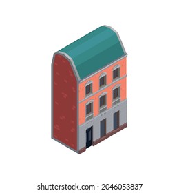 Low Rise Brick Block Of Flats Isometric Icon On White Background Vector Illustration