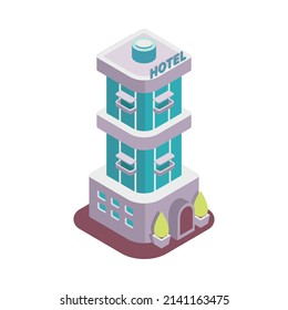 Low Rise Modern Hotel Building Isometric Icon On White Background 3d Vector Illustration